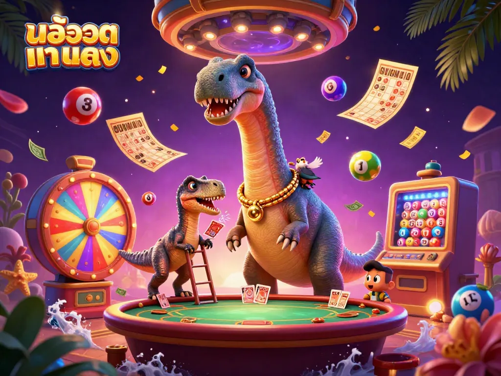 Experience immersive fun at a casino with สล็อตแท้ตรง, where a towering dinosaur interacts with cards and lottery elements.