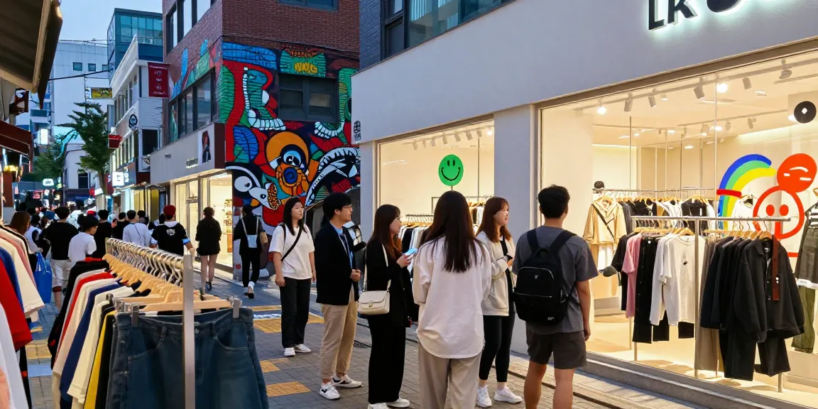 Urban shopping experience in Seoul featuring diverse friends browsing stylish boutiques at https://forumup.org/shop/search.php?ca_id=&addr1=&addr2=&addr3=&schKeyword= with vibrant displays.