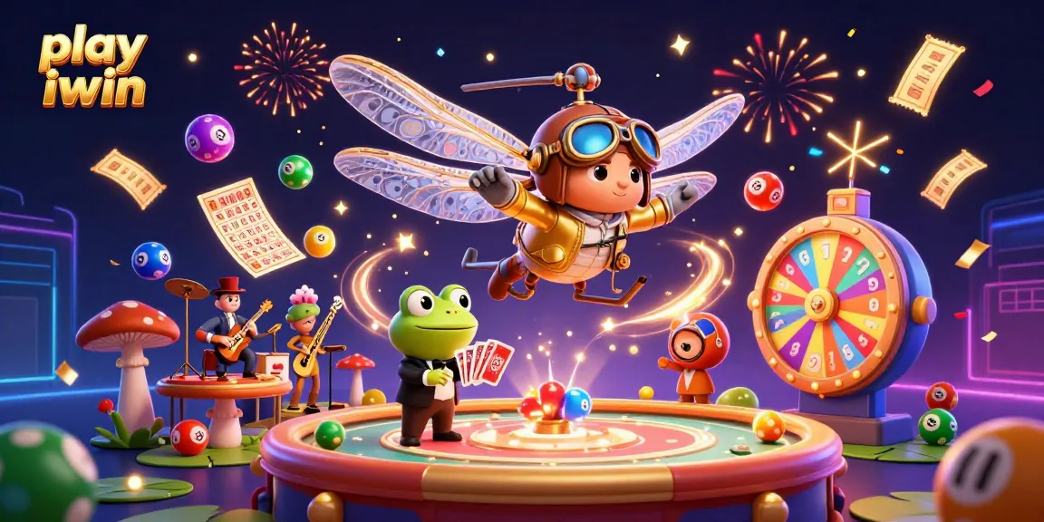 Play iwin with a dynamic casino scene featuring a dragonfly pilot and a frog croupier.