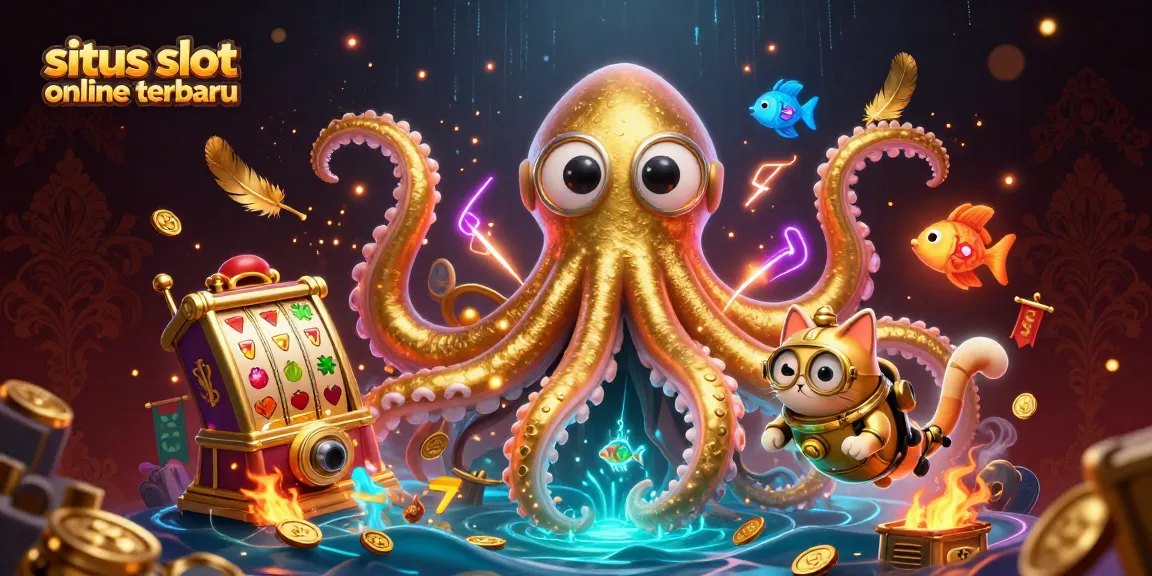 Situs slot online terbaru dengan kraken dan kucing penyelam dalam latar permainan kasino menarik.