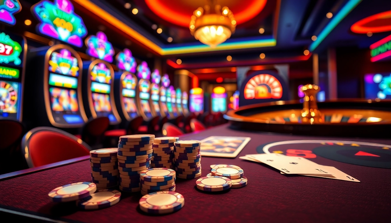 A dynamic casino scene with poker chips and cards, featuring jun88.buzz for online gambling excitement.
