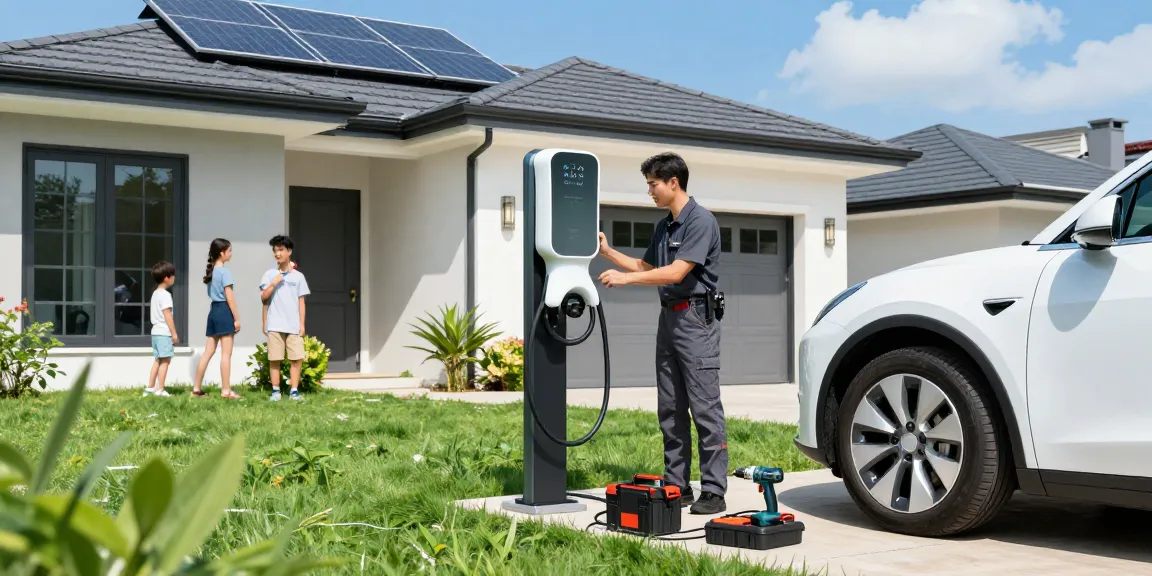 Portable EV charger factory installation at a modern home with an electric vehicle, showcasing advanced technology and professional setup.