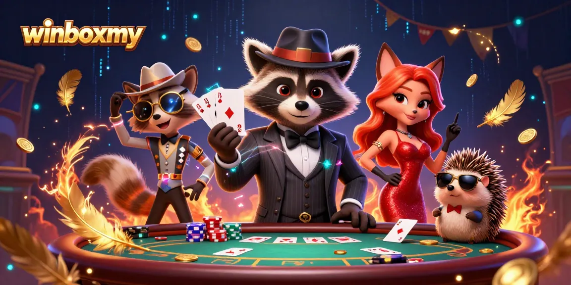 Engage with winboxmy's thrilling casino world featuring a raccoon, a fox, and a hedgehog amidst vivid gambling elements.
