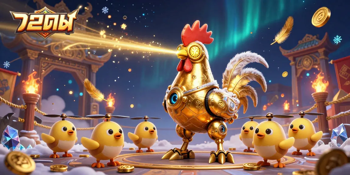 Experience thrilling แทงบอล action with a vibrant 3D illustration of a golden rooster robot and baby chick drones in a dynamic casino setting.