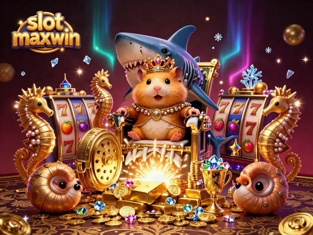 Play top slots at slot maxwin, featuring a golden hamster king and treasure-filled scene.