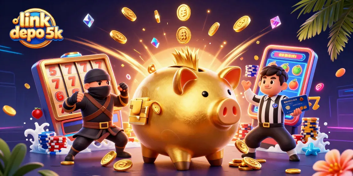 Win big with link depo 5k's dynamic slots gameplay featuring golden coins and vibrant casino elements.