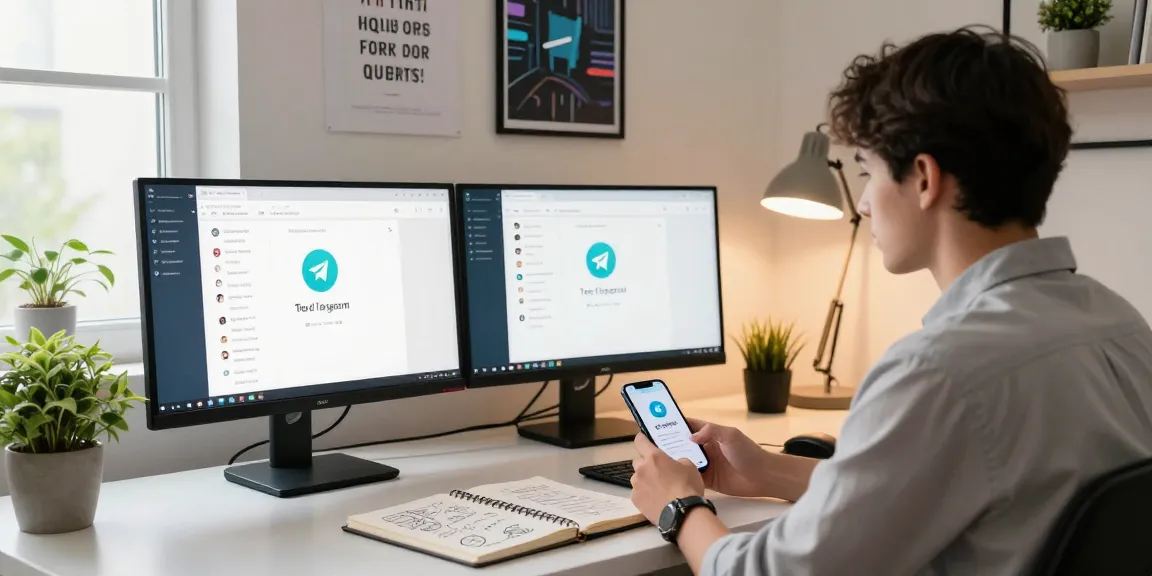 telegram中文版下载 interface displayed on dual monitors in home office