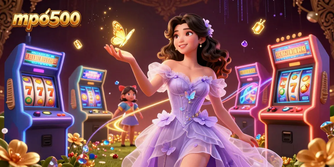 Experience thrilling games with mpo500 through an immersive casino illustration featuring vibrant characters and slot machines.