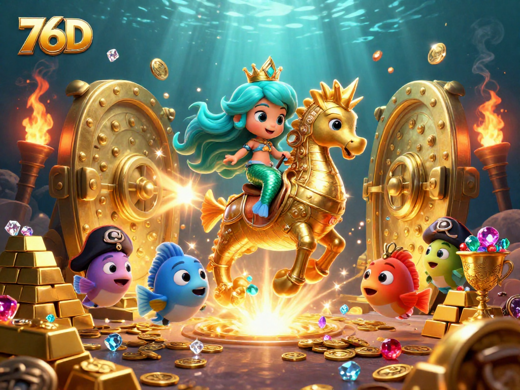 Atraia a sorte das slots na 76D com uma ilustração vibrante de uma princesa sereia e tesouros em um mundo de jogos.