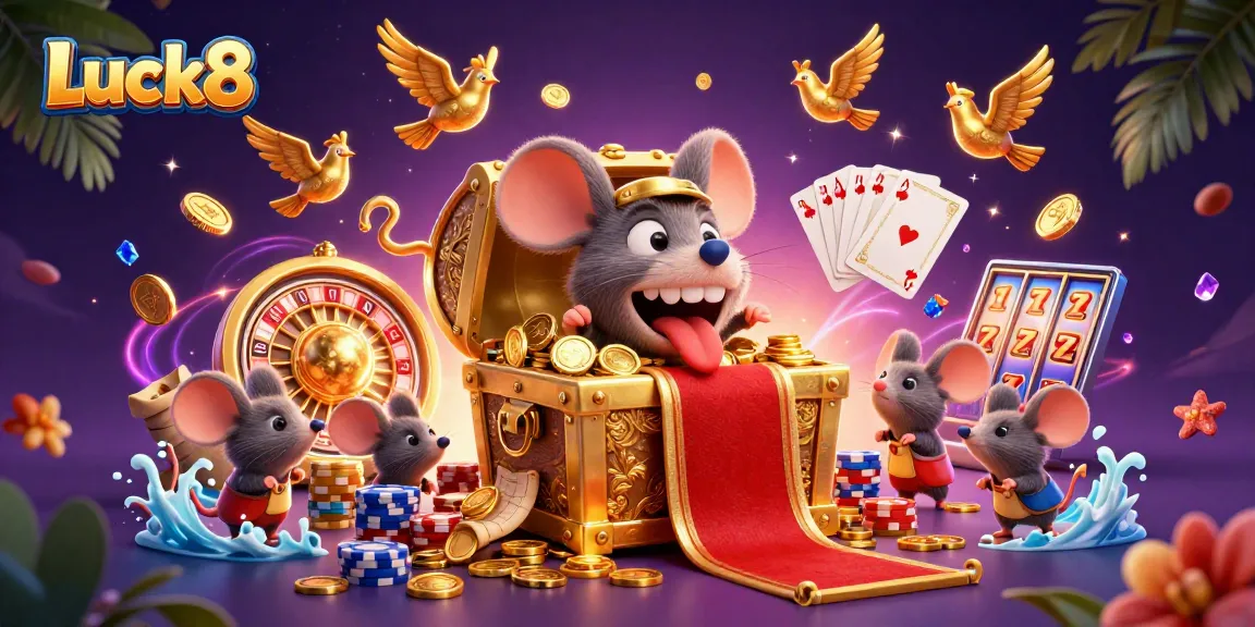 Experience gaming excitement at Luck8 with vibrant 3D illustration of casino treasures and dynamic gameplay.