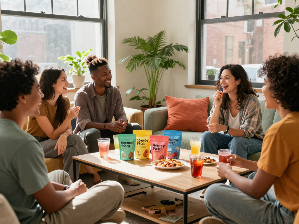 Discover Stoney Patch UK THC gummies in a warm social setting with friends, promoting a fun, quality wellness experience.