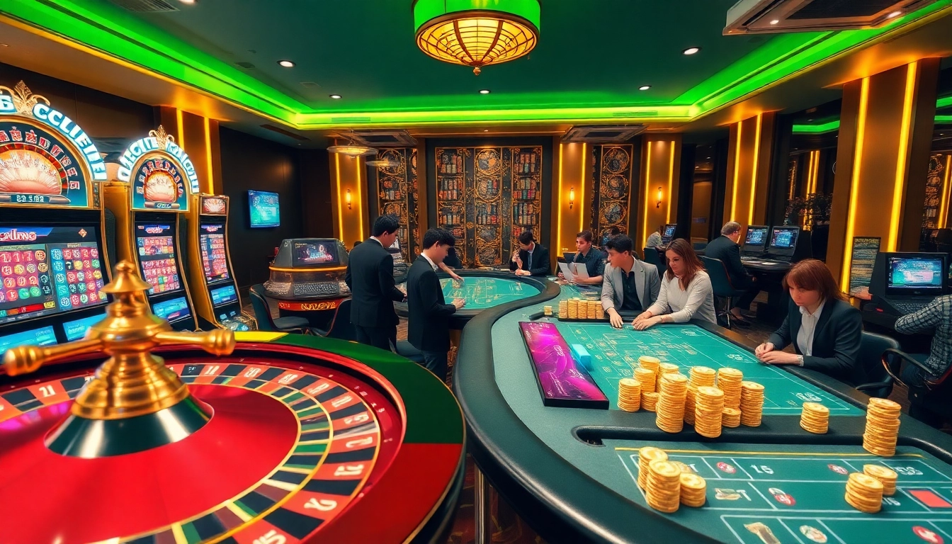 Players engaging in thrilling online games at RR88, surrounded by vibrant casino elements.