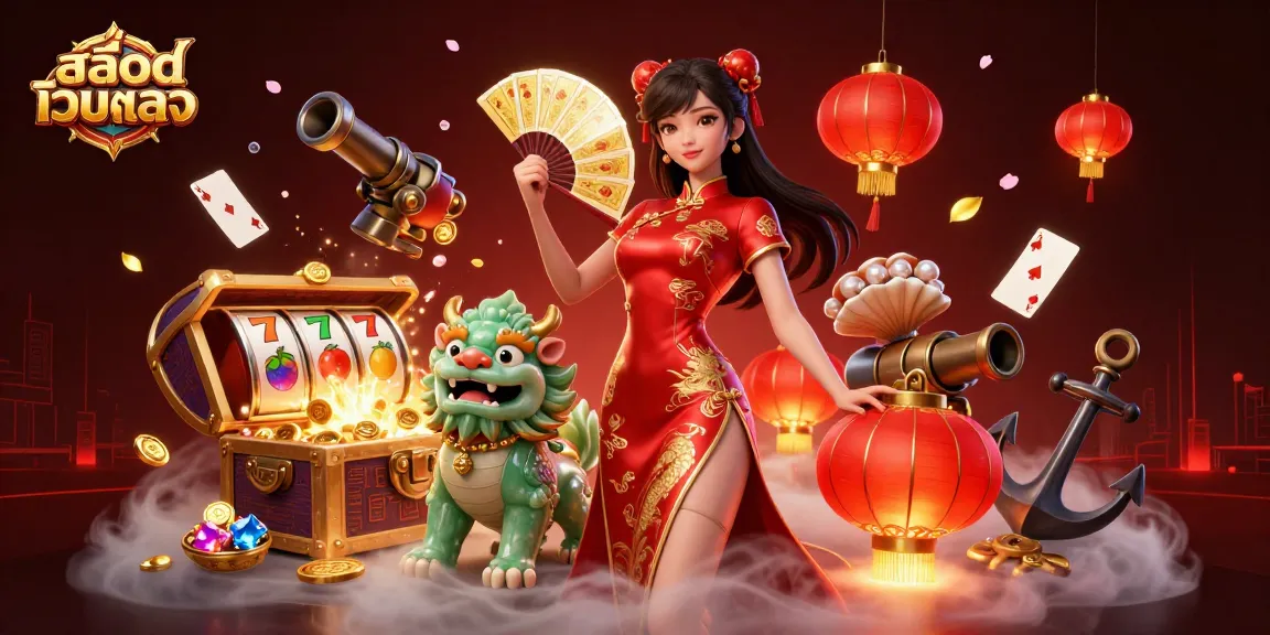 Spin the reels and win withสล็อตเว็บตรง, showcasing an elegant woman and jade lion guardian in a vibrant casino scene.