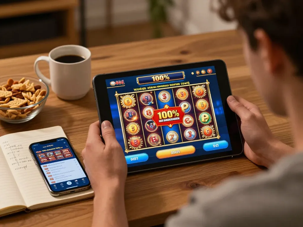 Engaging in online slots with a slot bonus new member 100 di awal to 7x showing on tablet screen, warm home ambiance.