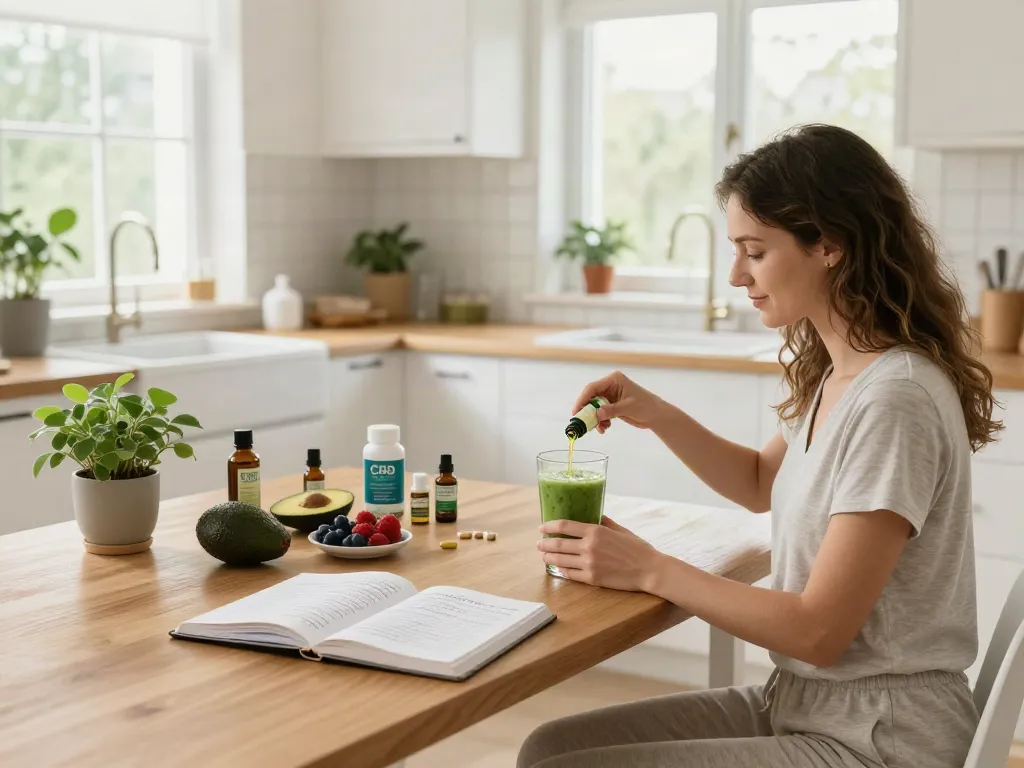 Buy weed Canada with premium CBD oil in a wellness kitchen, showcasing natural ingredients and a healthy lifestyle.