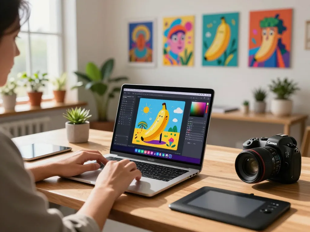 Creative digital workspace using the Nano Banana AI editor to generate vibrant art.