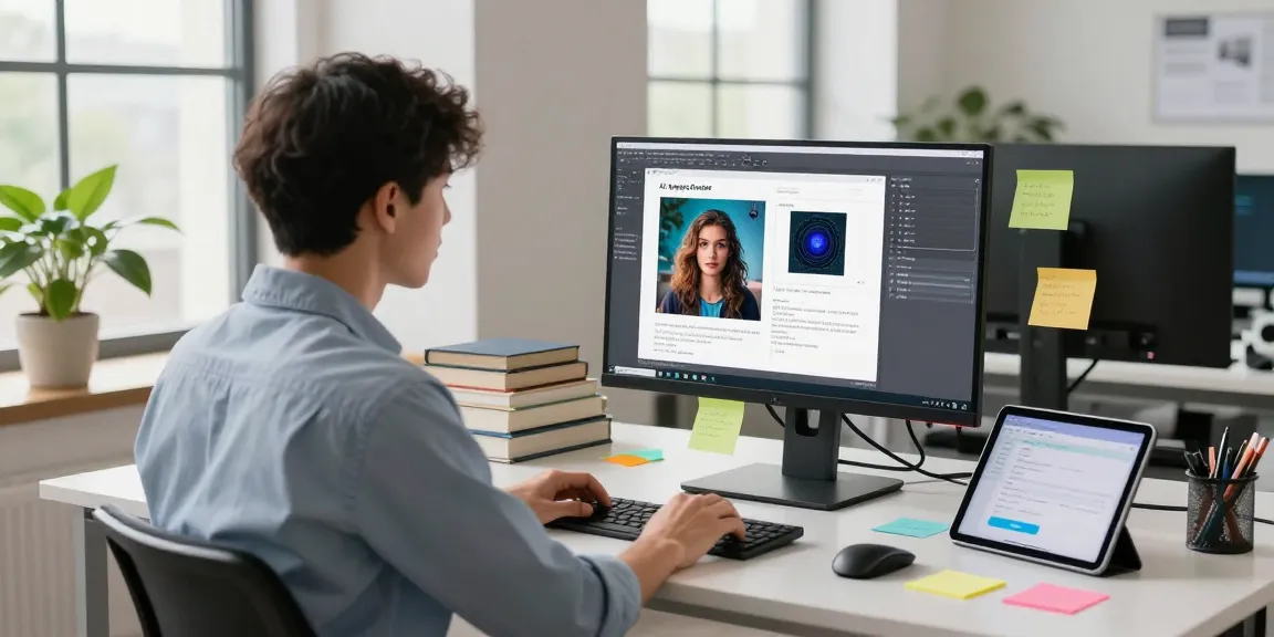 Data scientist analyzing results from an ai image checker in a modern tech workspace.