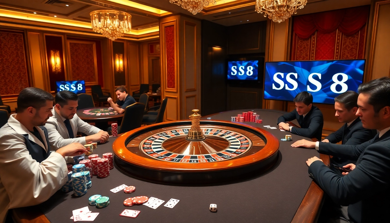 S8 casino scene with roulette table and players immersed in the game.