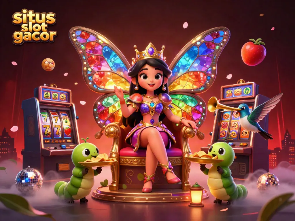 Menang besar dengan situs slot gacor sekarang! Ilustrasi 3D slot dengan ratu kupu-kupu dan simbol keberuntungan.