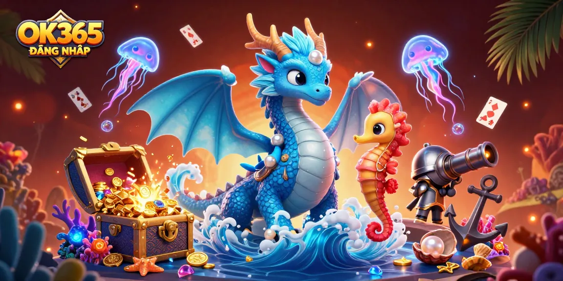 Experience thrilling gameplay with OK365 ĐĂNG NHẬP, featuring a majestic azure water dragon and vibrant underwater treasures.