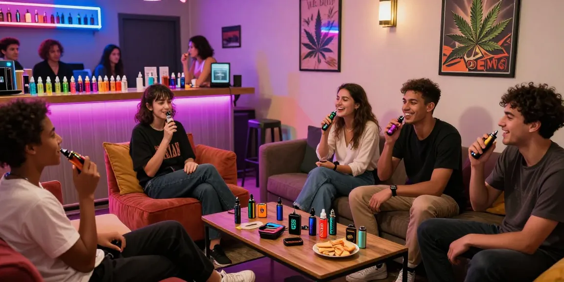Social group enjoying THC vape The 10/10 Boys e-liquids in stylish lounge.