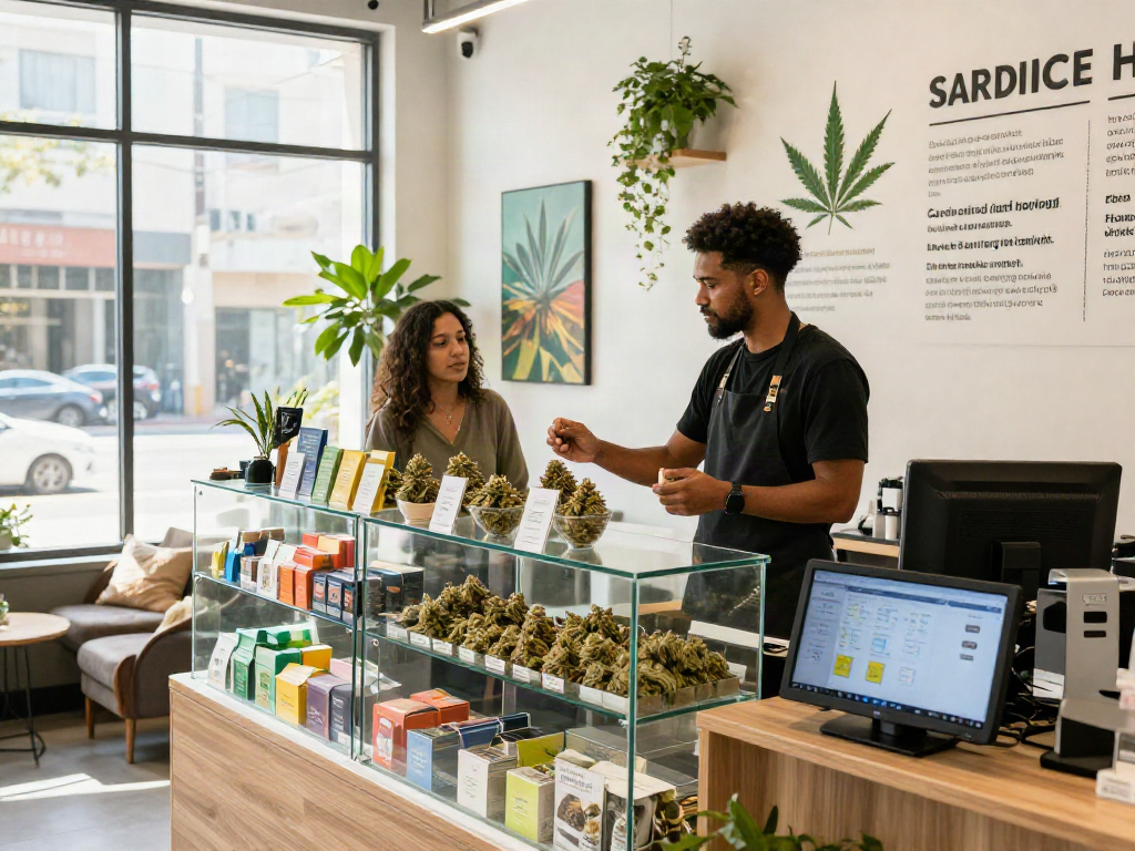 Weed Krakow - Friendly budtender assisting in a modern cannabis dispensary.
