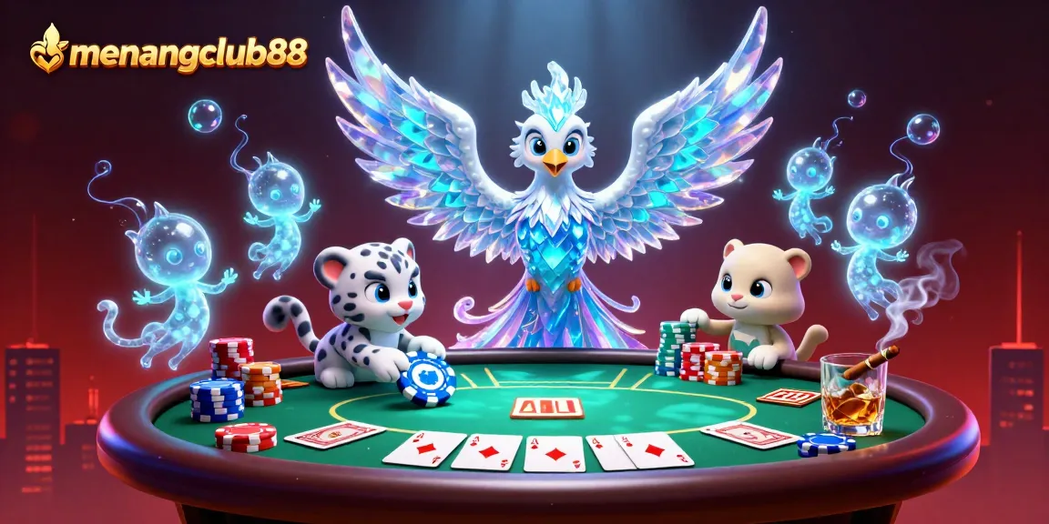 Engage in thrilling poker action at menangclub88 with a dazzling 3D illustration showcasing an ice phoenix and playful characters.