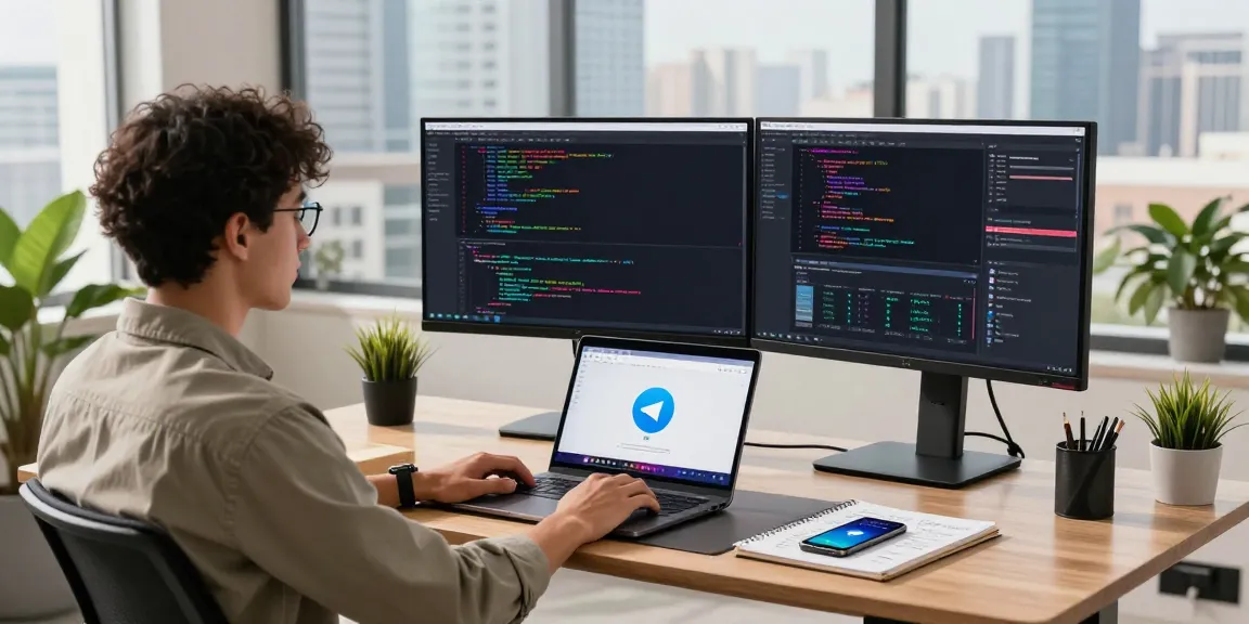 Developer showcasing telegram中文版下载 app on dual monitors in modern workspace