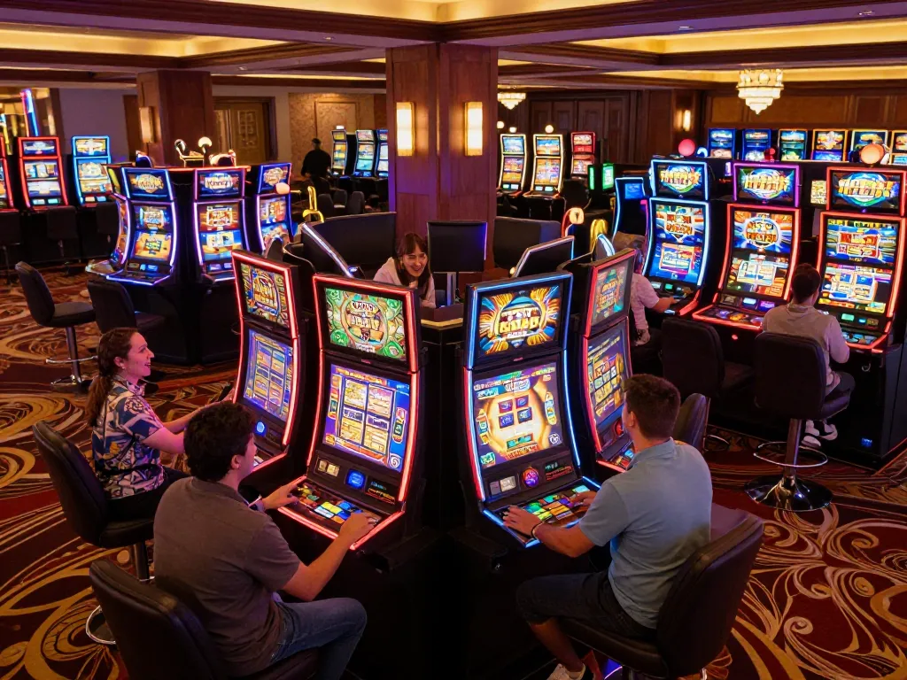 Engaged players enjoying the vibrant slot 10k machines at a luxurious casino, showcasing excitement and dynamic gaming