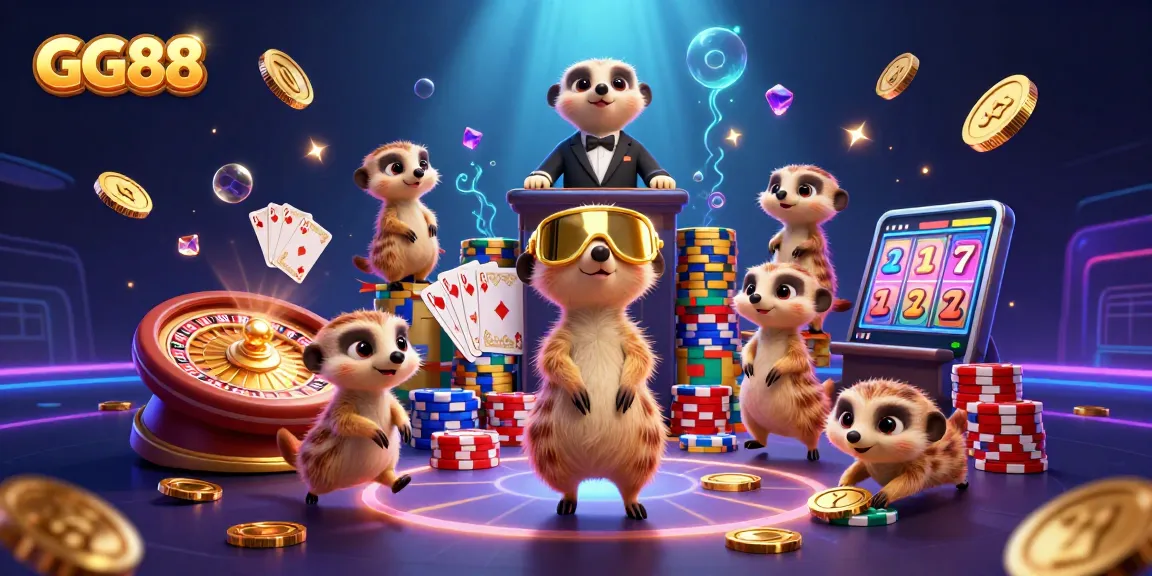 Experience thrilling gaming at GG88 with lively meerkats managing casino chaos amid flying coins and shimmering gems.