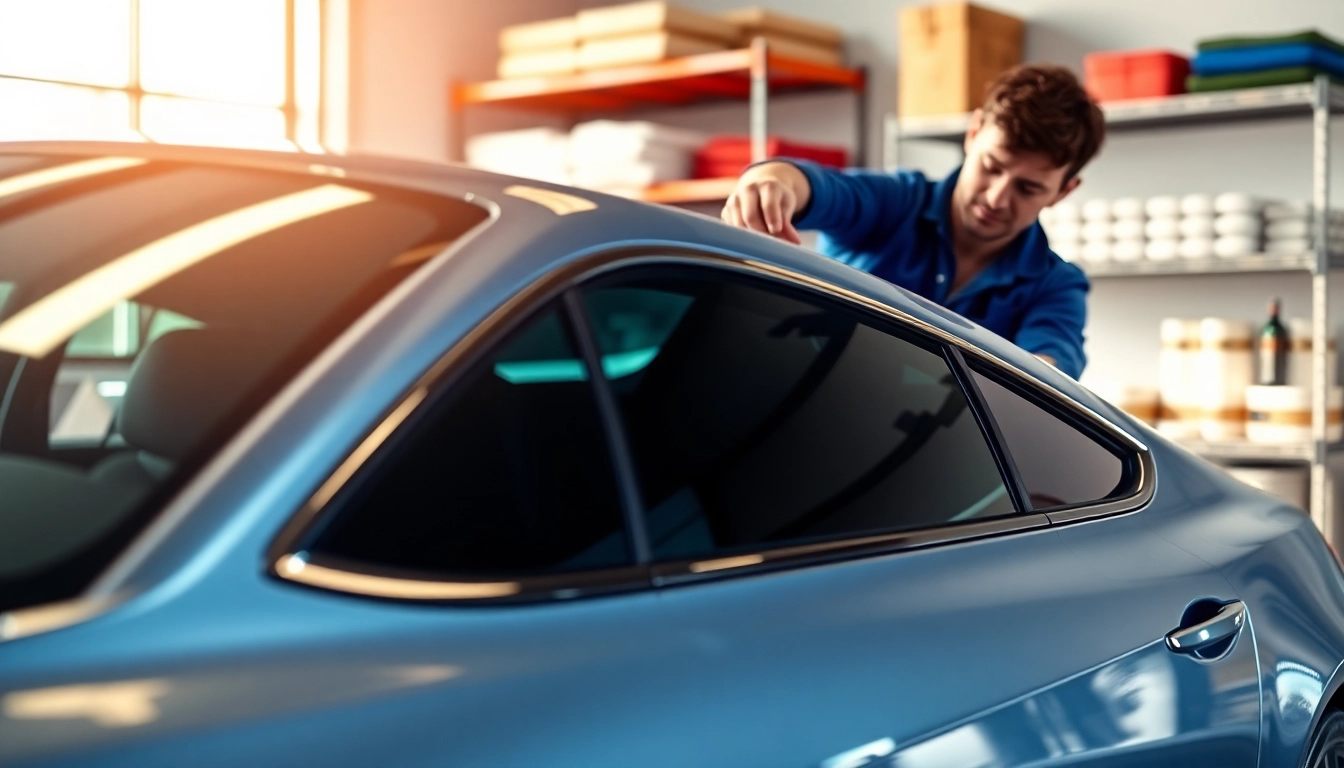 Installing the best window tint Chattanooga TN on a sleek vehicle in a bright garage setting.