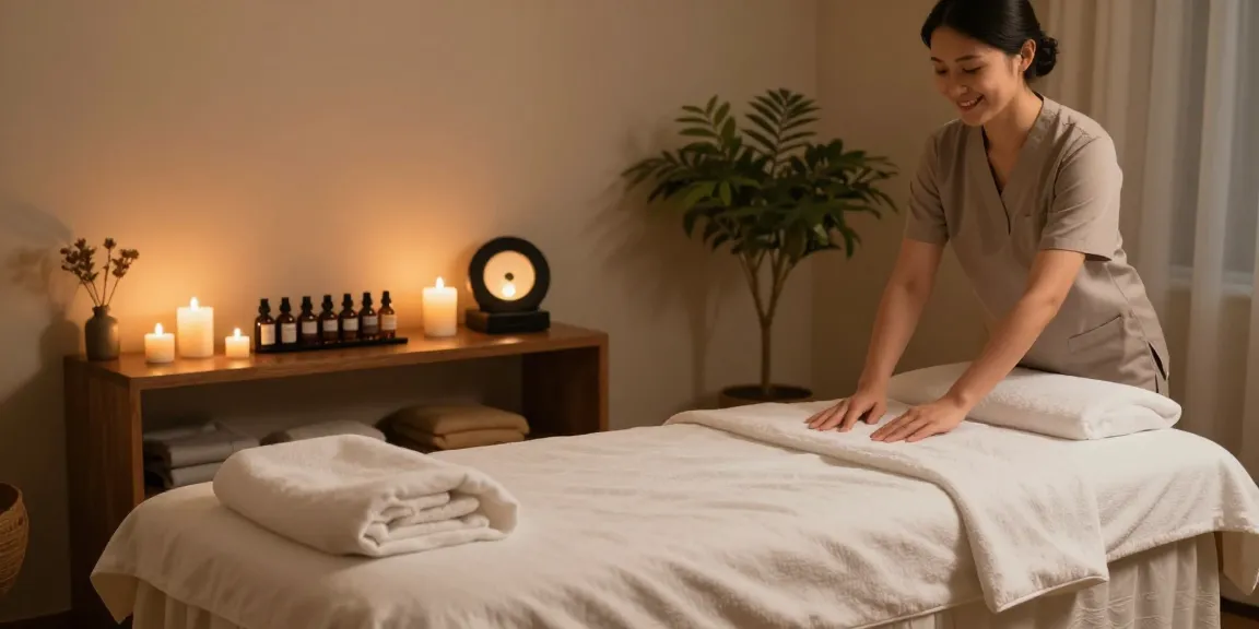 Inviting 1인샵 massage room with calming ambiance and therapist preparing services.