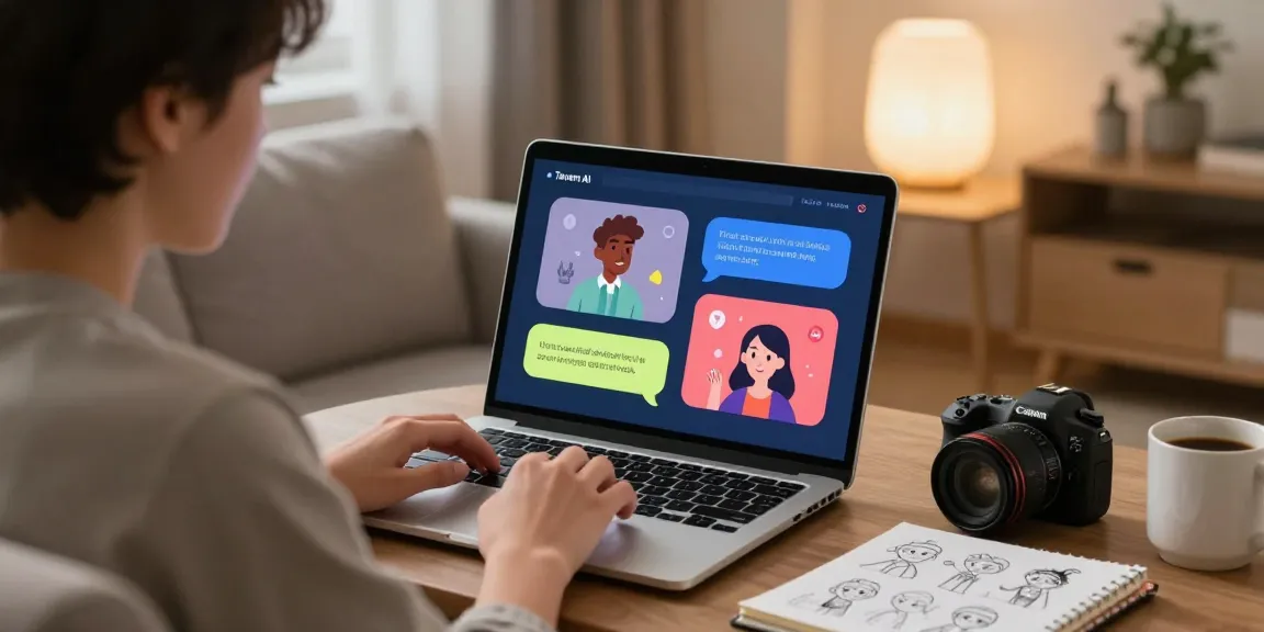 A user engaging with Tavern AI characters on a cozy couch, showcasing interaction on a sleek laptop with vibrant chat bubbles.