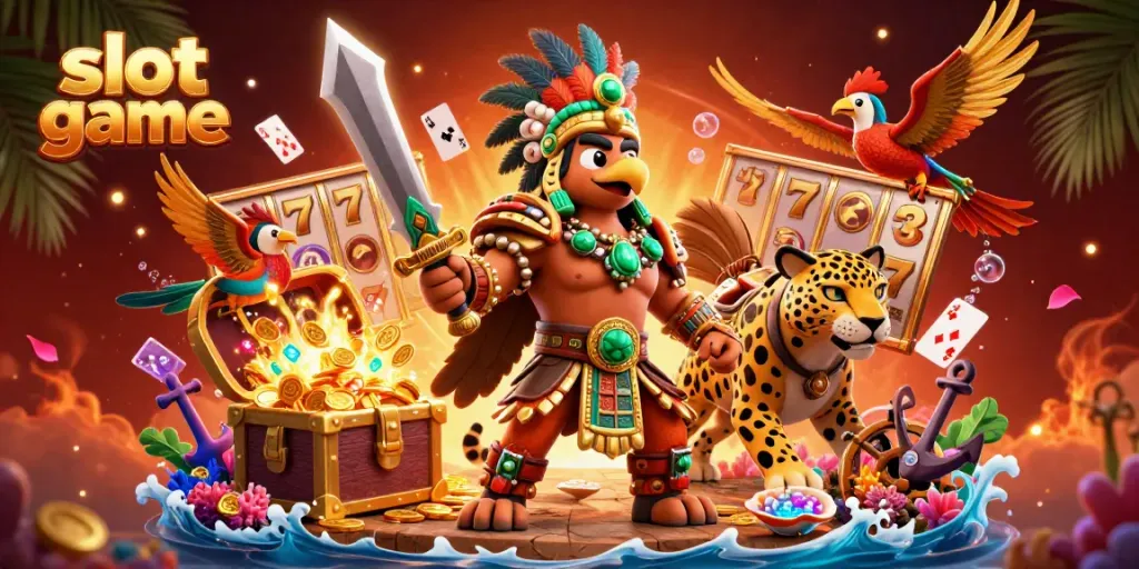 Experience thrilling slot game action with dynamic Aztec warriors and vibrant game elements.