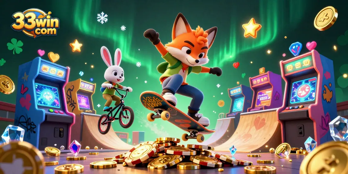 Experience thrilling adventures at 33win com with a vibrant casino-themed 3D illustration showcasing gambling excitement and gaming elements.