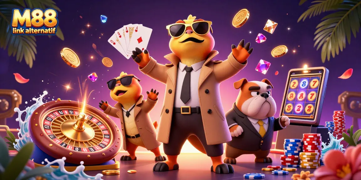 M88 link alternatif offers thrilling casino experiences with cartoon raptors entering a VIP lounge.