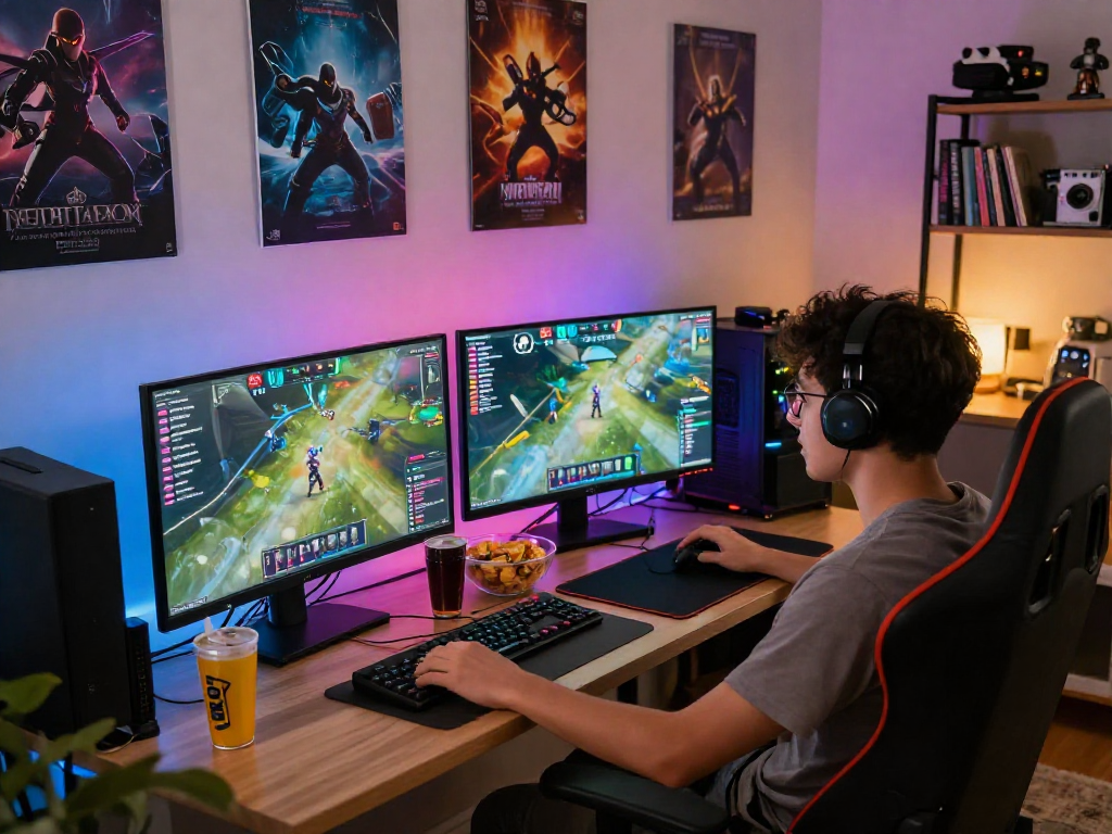 Engaged friends playing raja 328 video games with dynamic lighting and gaming setup.