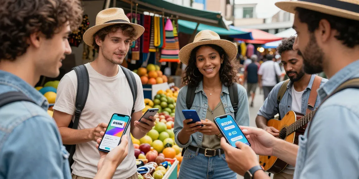 Travelers comparing قسائم eSIM (qasa’im eSIM) deals at a vibrant city market filled with colorful stalls and cultural experiences.
