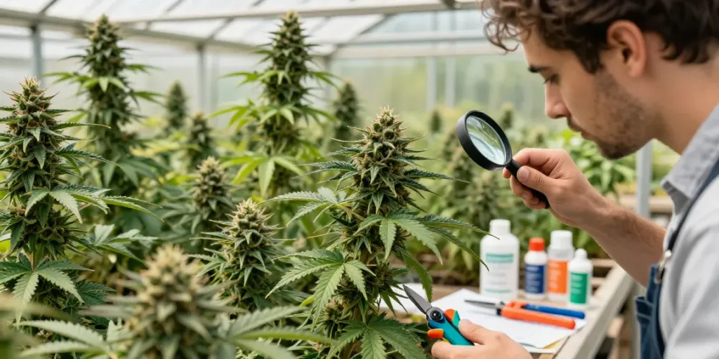 CBD-rich cannabis genetics highlighted in a vibrant greenhouse with diverse plants and a gardener inspecting their growth.