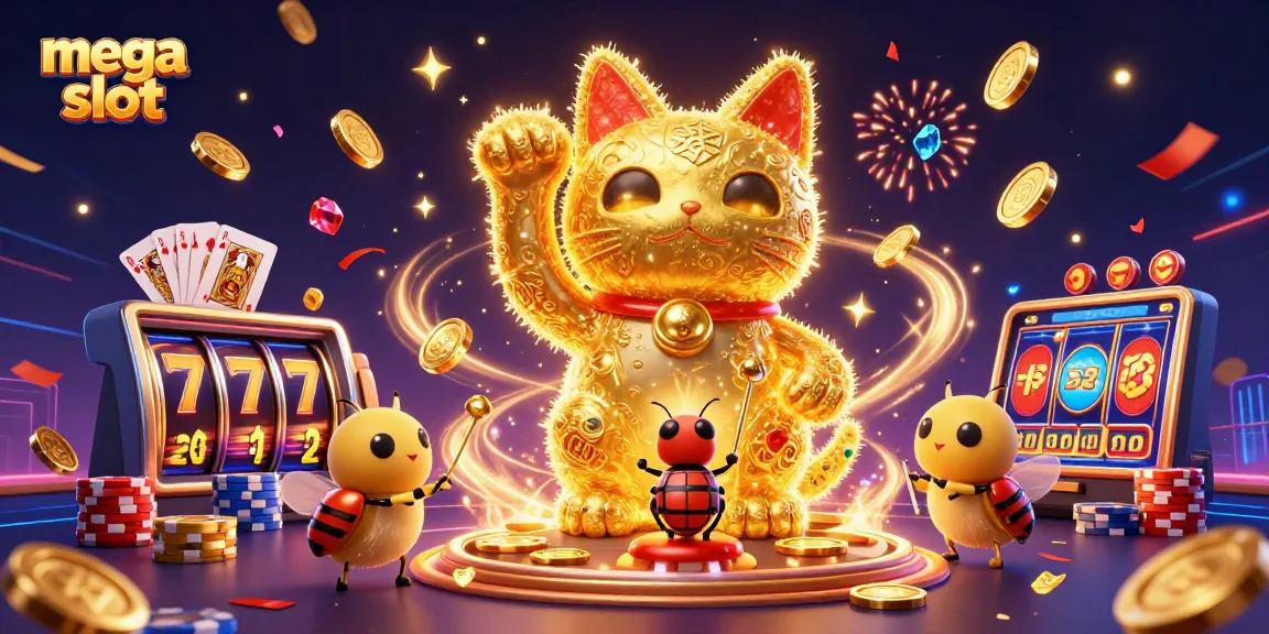 Pemain memasuki dunia mega slot dengan simbol keberuntungan dan koin emas yang berkilauan.