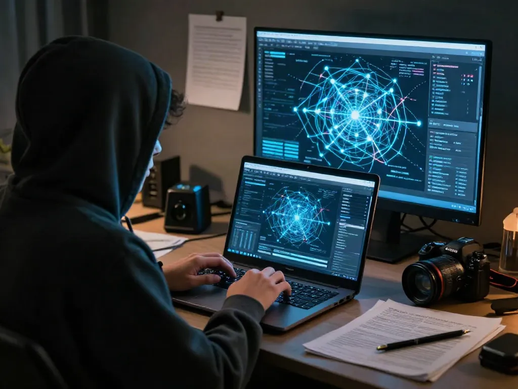 Person researching the hidden wiki dark web in a dim room with a glowing screen and digital tools.