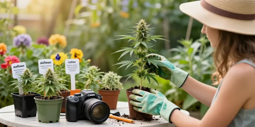 Gardener nurturing Autoflower Samen kaufen in a vibrant outdoor garden.