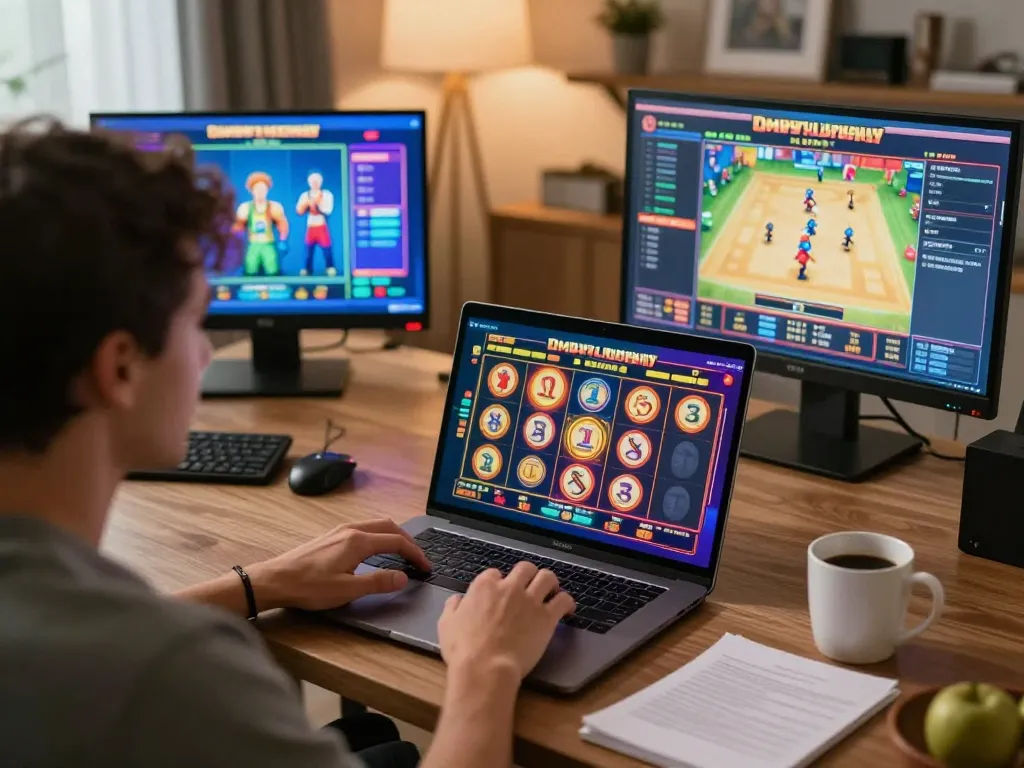 Engaging gameplay with a laptop displaying slot online games, creating a cozy gambling atmosphere.