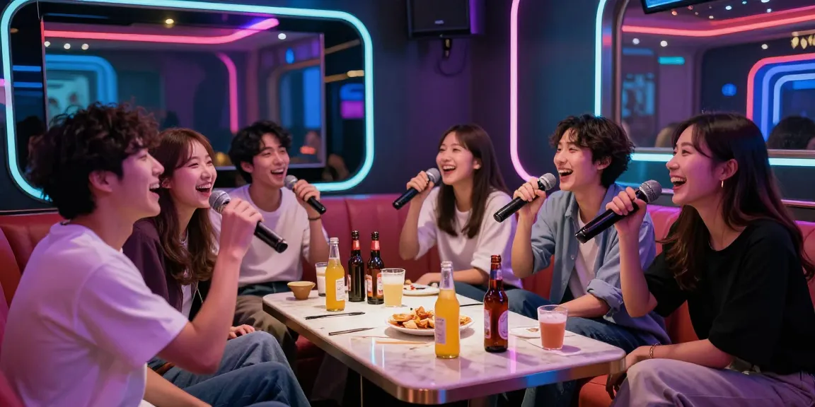 Enjoying vibrant nightlife at www.3no.org with friends singing in a modern karaoke lounge.