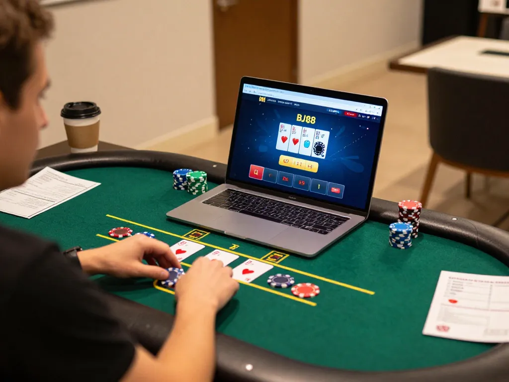 Player enjoying a live dealer blackjack match on BJ88, showcasing an engaging online casino experience.