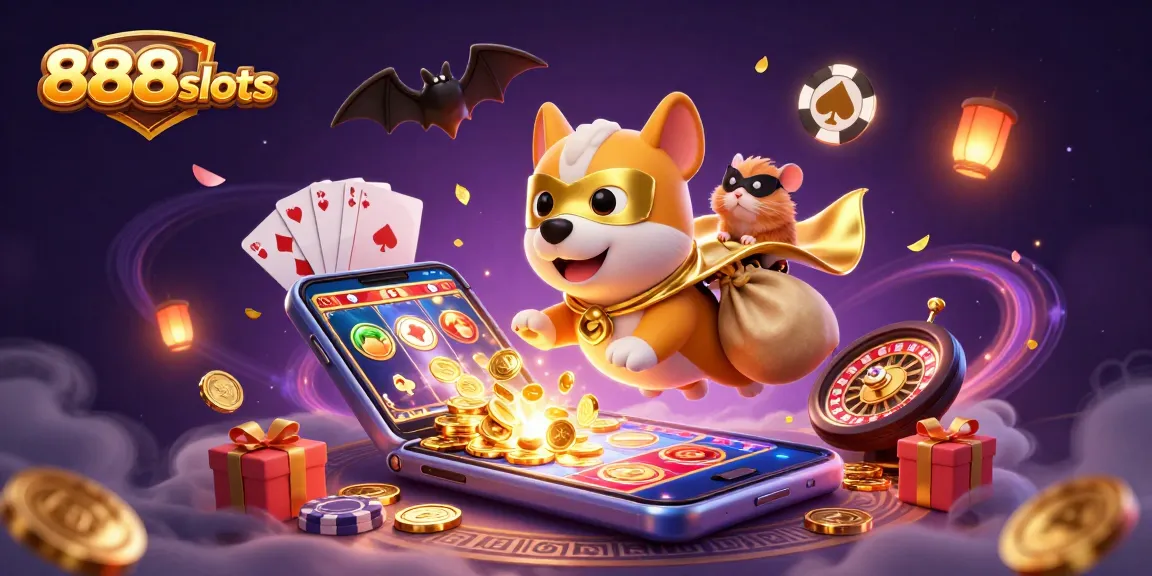 Join the adventure with 888slots as the superhero dog claims gold coins in a thrilling casino scene.