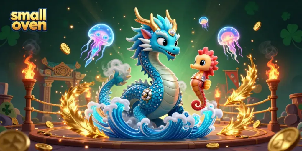 Spin your luck with the small oven amidst a vibrant casino scene featuring a dragon and seahorse.