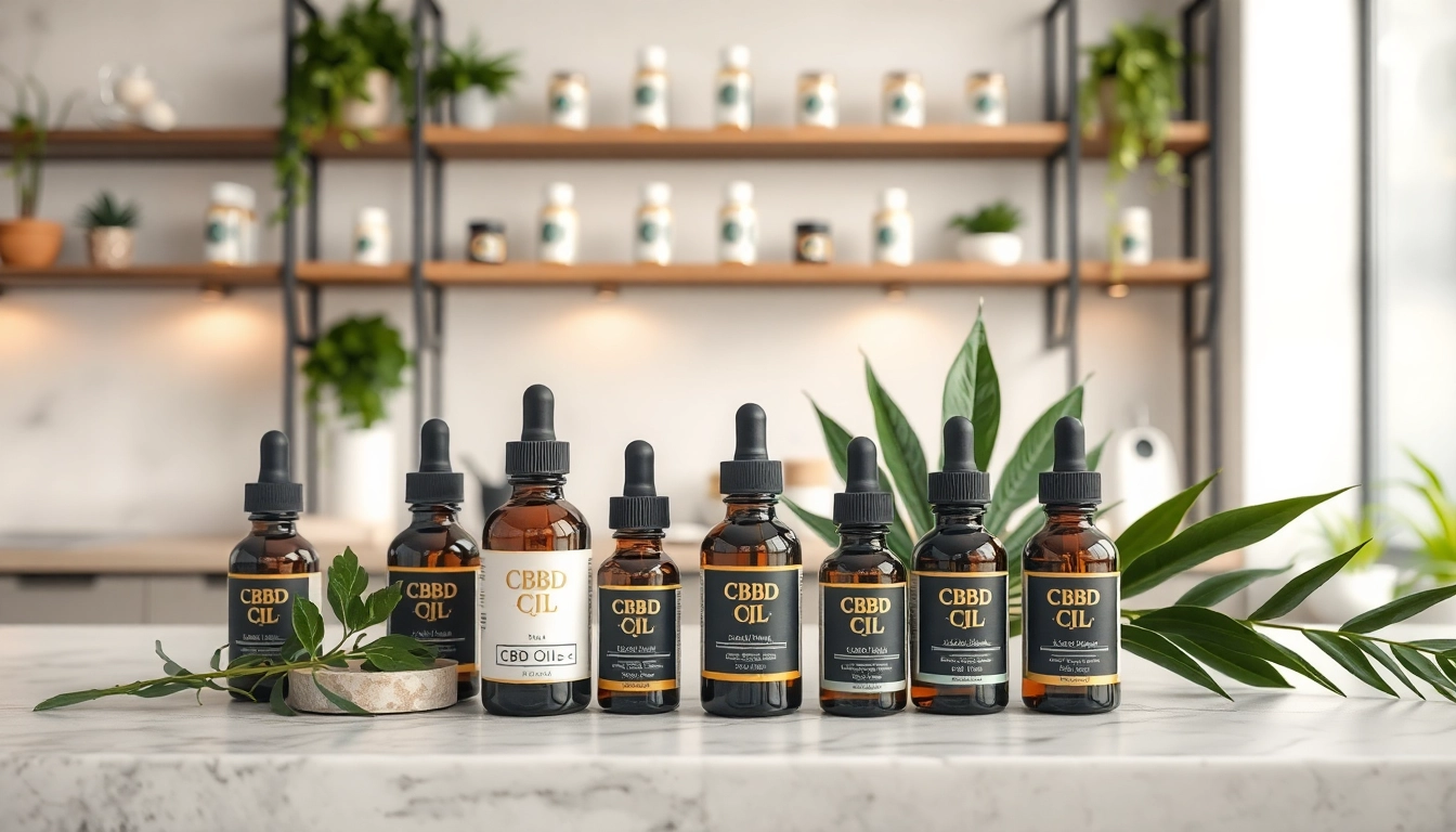 Showcasing CBD products artfully arranged on a serene countertop with natural elements.