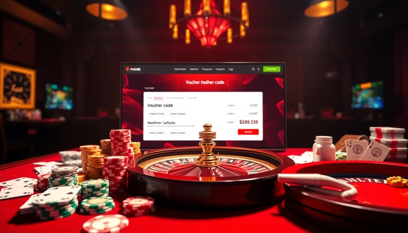 Khela88 voucher code redeeming scene with vibrant casino elements and online betting interface.