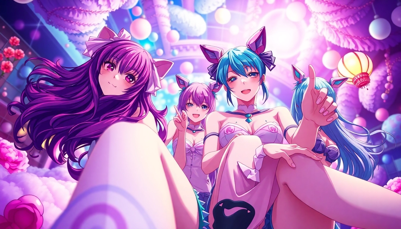 Captivating anime sex scene featuring vibrant characters in playful poses.